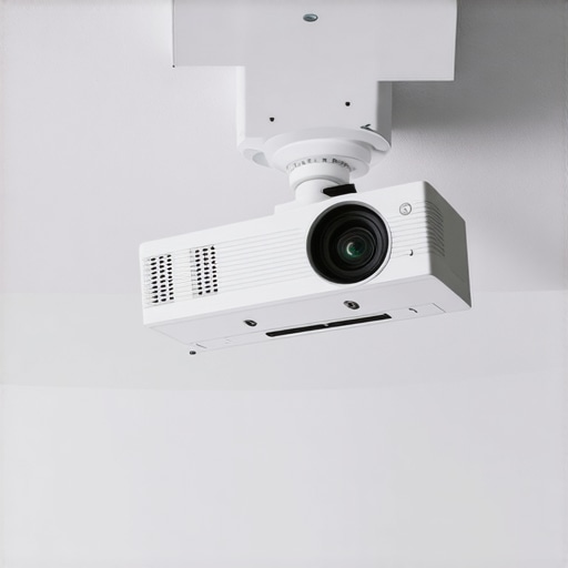 A ceiling-mounted projector with a sturdy, level mount ensuring no lens shift during startup.