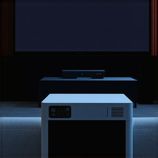 A sleek home theater setup showing surround speakers, a projector, and a projection screen in a cozy room.