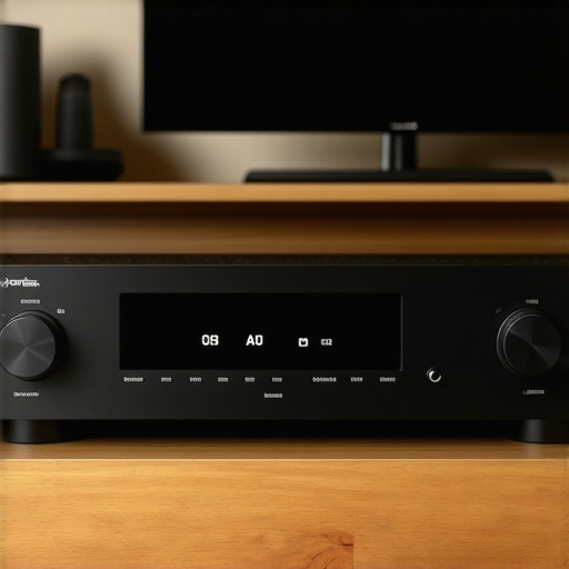 Close-up of an AV receiver with a clearly visible, steady digital display in a home theater setup.