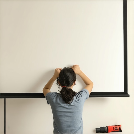 Person tightening fabric on a home theater projection screen with staple gun.