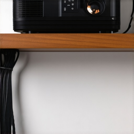 A well-built wooden shelf securely mounted to wall with a heavy projector and neatly organized cables