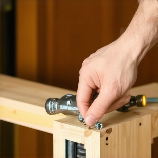 Person using a cordless drill to secure bolts on a home theater riser to stop squeaking.