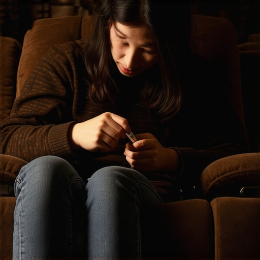 Person fixing squeaky home theater recliner with screwdriver in a movie room.