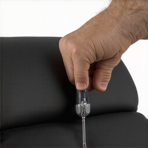 Person tightening screws on a home theater recliner headrest.