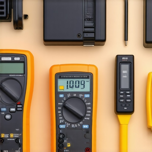 A multimeter, compressed air canister, and colorimeter used for maintaining home cinema equipment.