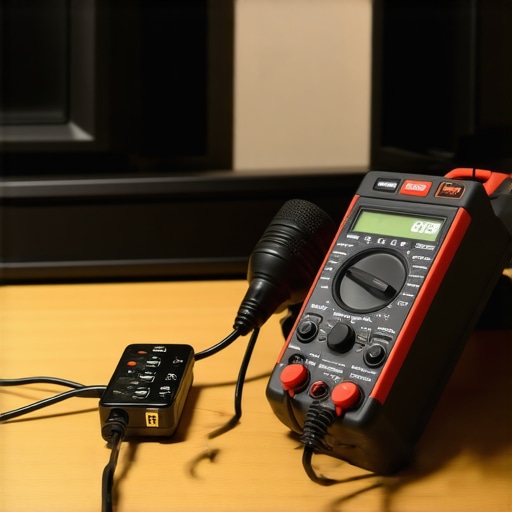 Technician testing home theater equipment with multimeter and calibration mic in a modern room.