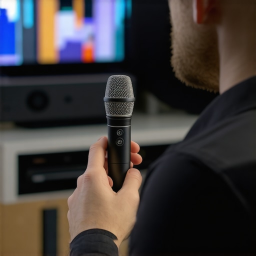 A person calibrating a home theater setup with a smartphone and professional tools