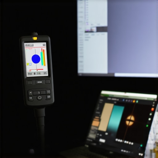 A person calibrating a projector with a colorimeter and calibration software in a home theater setting.