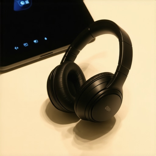 Close-up of wireless headphones and a device showing Bluetooth codec options