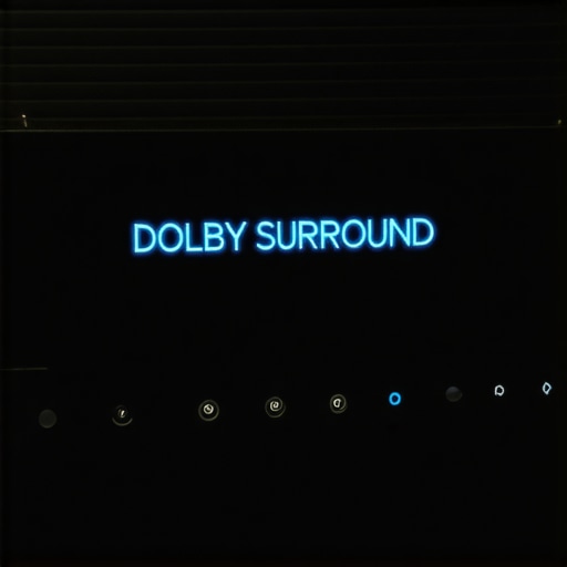 A modern home theater receiver display showing active surround sound processing.