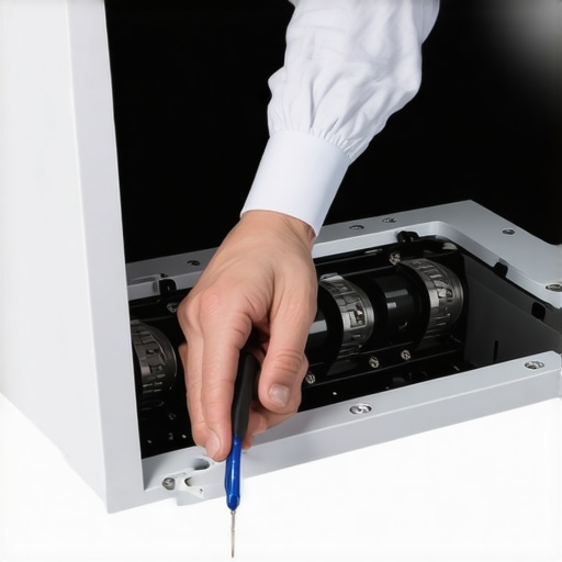 Removing the end cap of a motorized projector screen to inspect the motor and roller assembly for noise.