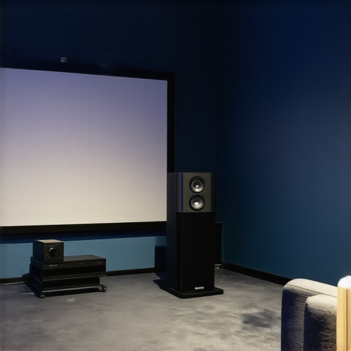 A center channel speaker positioned behind a modern acoustically transparent projection screen in a dark home theater room.
