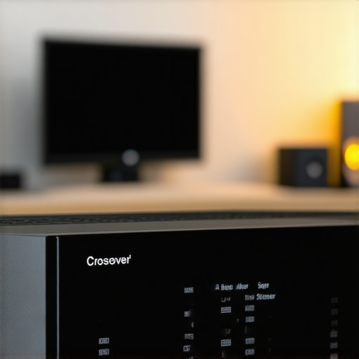 A home theater enthusiast adjusting the subwoofer crossover frequency on an AV receiver menu.