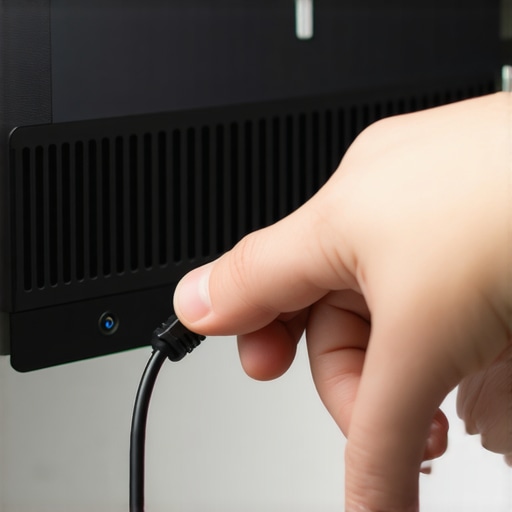 Adjusting HDMI connection on a home cinema projector Hand plugging HDMI cable into a projector port to fix color tint
