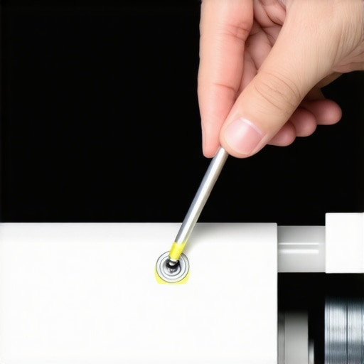 A person using a plastic hex tool to adjust the limit switches on a motorized projector screen motor.