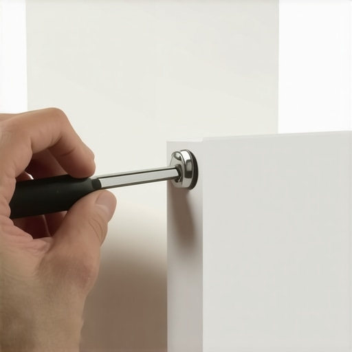 Adjusting Projector Screen Limit Switches A hand using a tool to adjust the internal limit switches of a motorized projection screen.