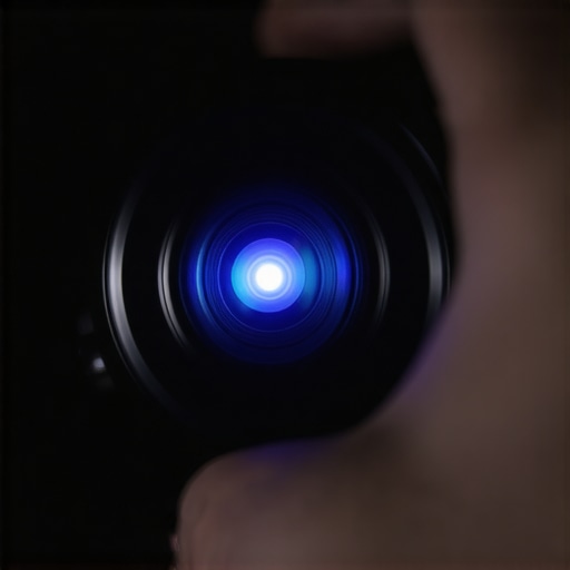 A person's hand adjusting the manual zoom ring on a high-end home theater projector lens.