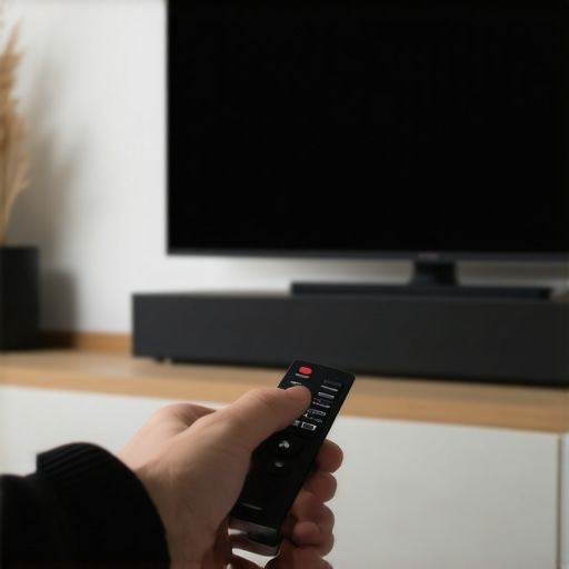 A hand using a remote to fix soundbar auto-standby settings in a home theater.