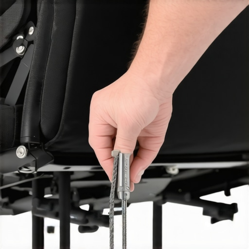 Adjusting the Theater Chair Pull Cable A detailed view of a person repairing the manual release cable on the underside of a theater seat.