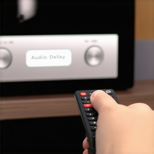 A hand using a remote control to adjust the millisecond audio delay on a home theater receiver display.