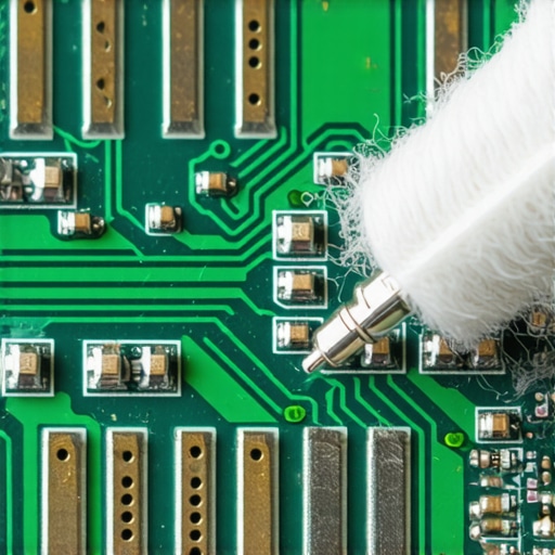 Close up of green circuit board with corrosion being cleaned by a technician.