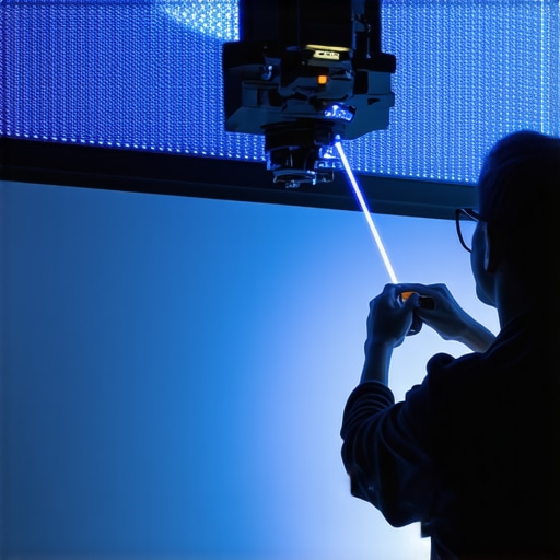 A technician calibrating a projector's alignment grid on a cinema screen.
