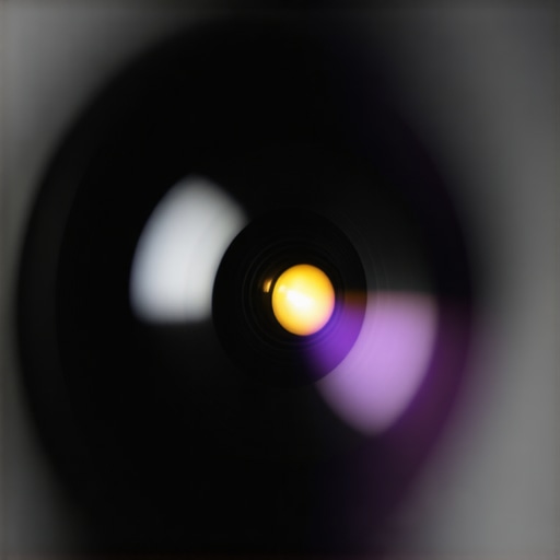 Close-up of a home theater projector lens with 4K calibration pattern reflections.