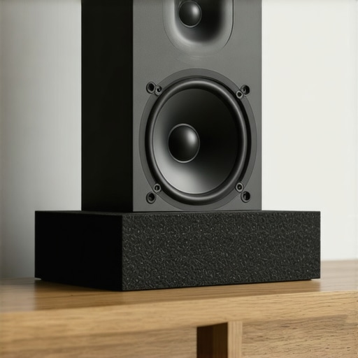 Angled Center Channel Speaker with Isolation Pads A center channel home theater speaker tilted upward using professional foam isolation wedges to improve dialogue clarity.