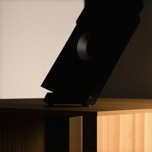 A center channel speaker tilted upward using rubber isolation pads to improve dialogue clarity.