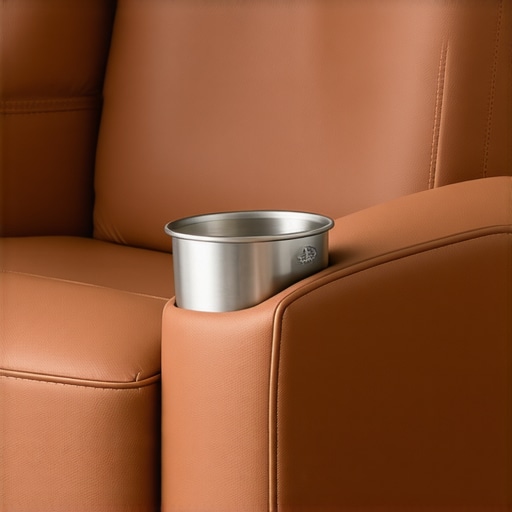Applying Felt Dampeners to Theater Cup Holders A close-up view of a metal cup holder being modified with felt strips to prevent rattling in a home theater seat.