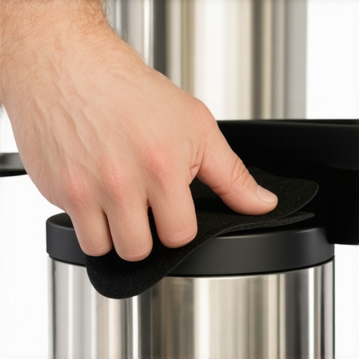 Applying felt shims to theater cup holder Hand applying adhesive felt to the rim of a metal cup holder to prevent rattling.