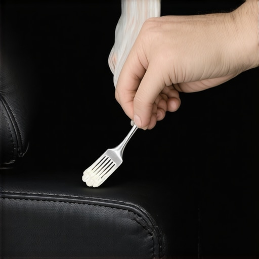 Close-up of a DIY repair on a peeling faux leather theater chair using liquid filler.