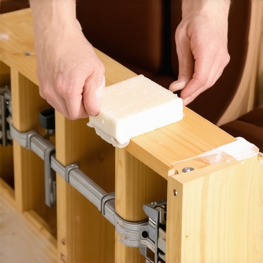 Hands applying paraffin wax to a squeaky wooden theater chair frame