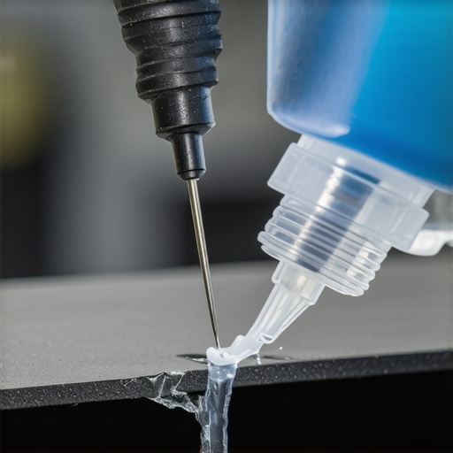 Applying solvent weld to a cracked soundbar Close up of a precision applicator repairing a plastic crack on a soundbar housing using solvent weld.
