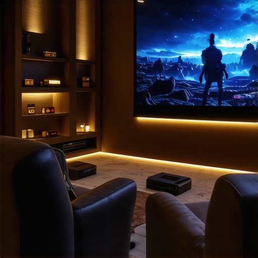 A home theater room showing synchronized smart lighting and a projection screen for a cinematic atmosphere.