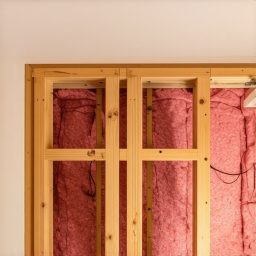 Building the internal grid of a DIY theater riser with insulation A wooden theater riser frame being built with pink insulation between the joists to prevent vibration.