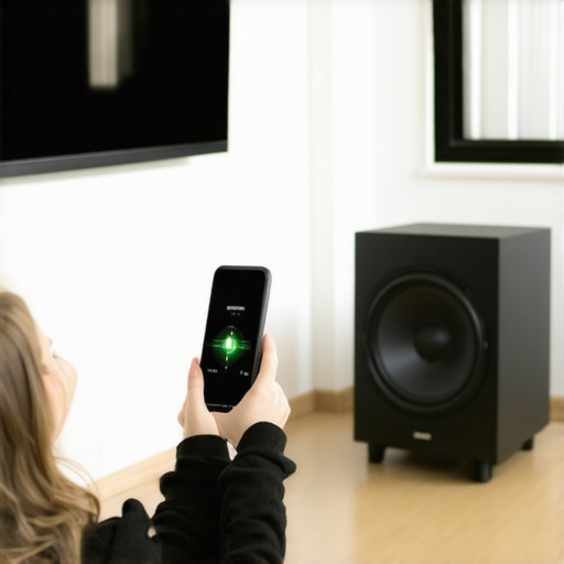 Calibrating Home Theater Audio with a Smartphone A person using a smartphone to calibrate audio levels in a small home theater room.