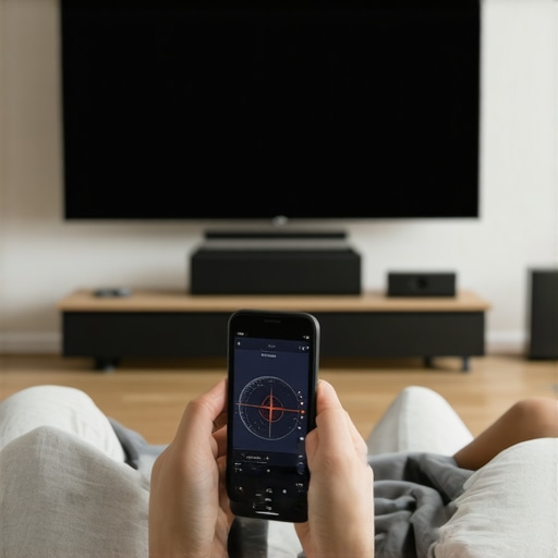 Calibrating Home Theater Audio with a Smartphone A man using an SPL meter app on his phone to balance speaker levels in a living room theater setup.