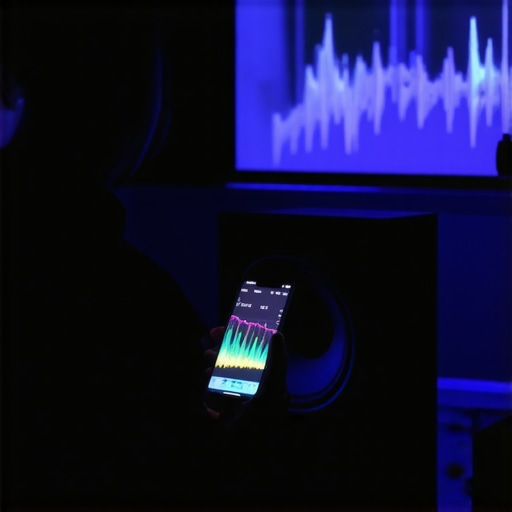 Close up of a homeowner using a mobile app to calibrate home theater audio levels.