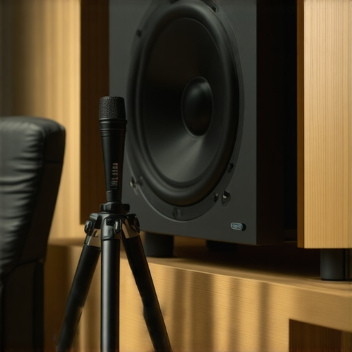 Calibrating a Hidden Subwoofer in a Home Cinema A technician calibrating a hidden subwoofer using a measurement microphone in a home theater room.