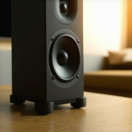 A center channel speaker angled upward using isolation pads to improve home theater dialogue clarity.