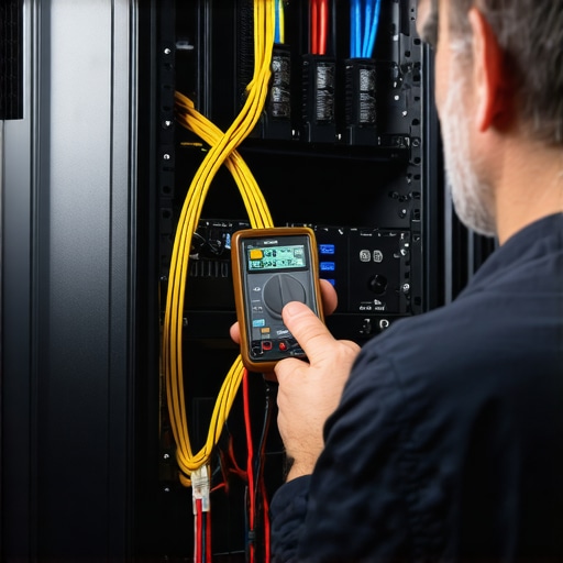 A close-up of a technician's hands measuring voltage on a professional AV receiver rack to prevent speaker hum.