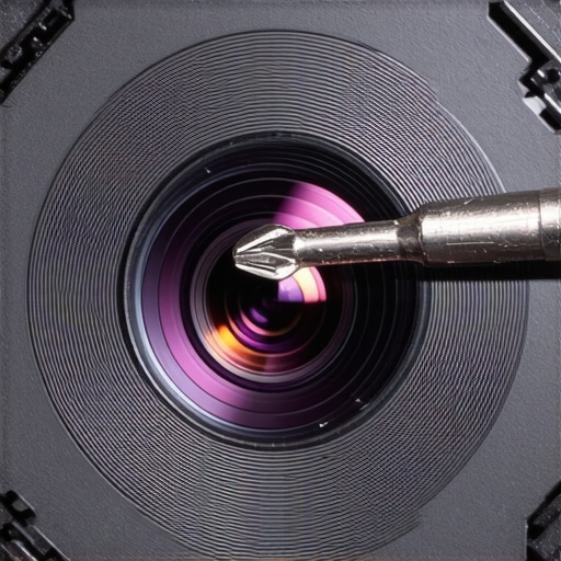 A close-up of a projector lens showing a hidden security or lock screw that prevents the zoom from moving.