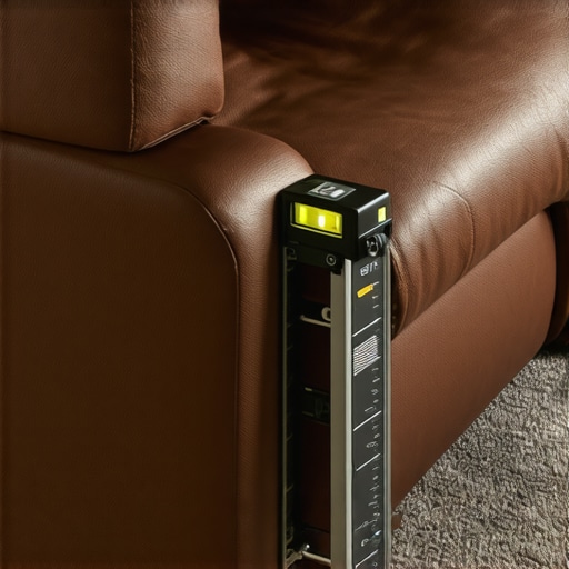 Close up of a spirit level on a metal theater chair frame sitting on carpet