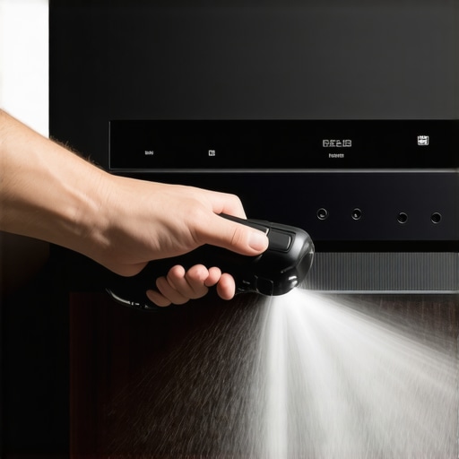 Hand cleaning home theater AV receiver vents to prevent overheating and dust buildup.