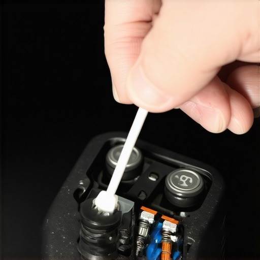 Close-up of a cotton swab cleaning white battery leak residue off metal terminals.