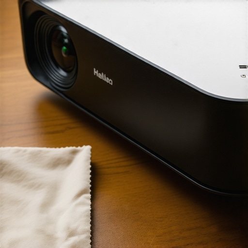 A projector lens with moisture being prepared for cleaning with a microfiber cloth.
