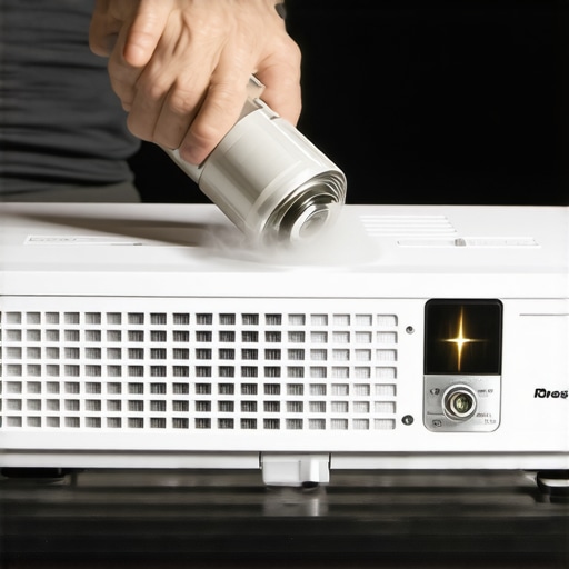 A person cleaning dust from a home theater projector vents with compressed air to reduce fan noise.