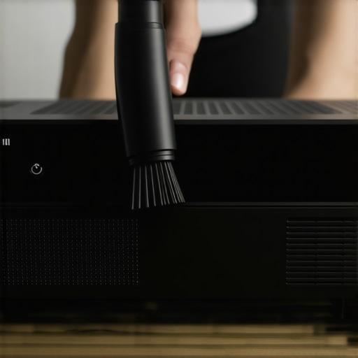 Person cleaning dust from AV receiver and projector vents for maintenance.