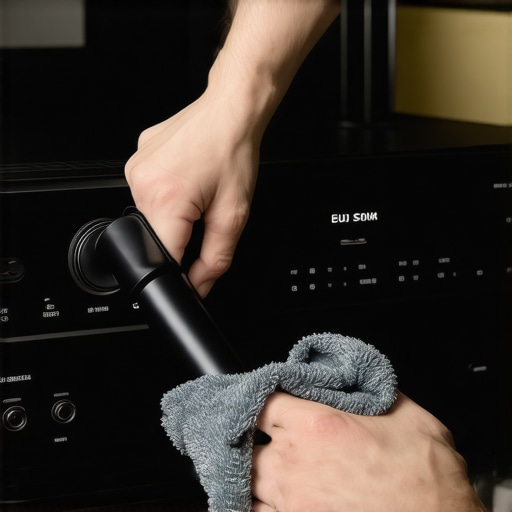 Cleaning Home Theater Receiver Vents A person cleaning dust from home theater equipment for maintenance.